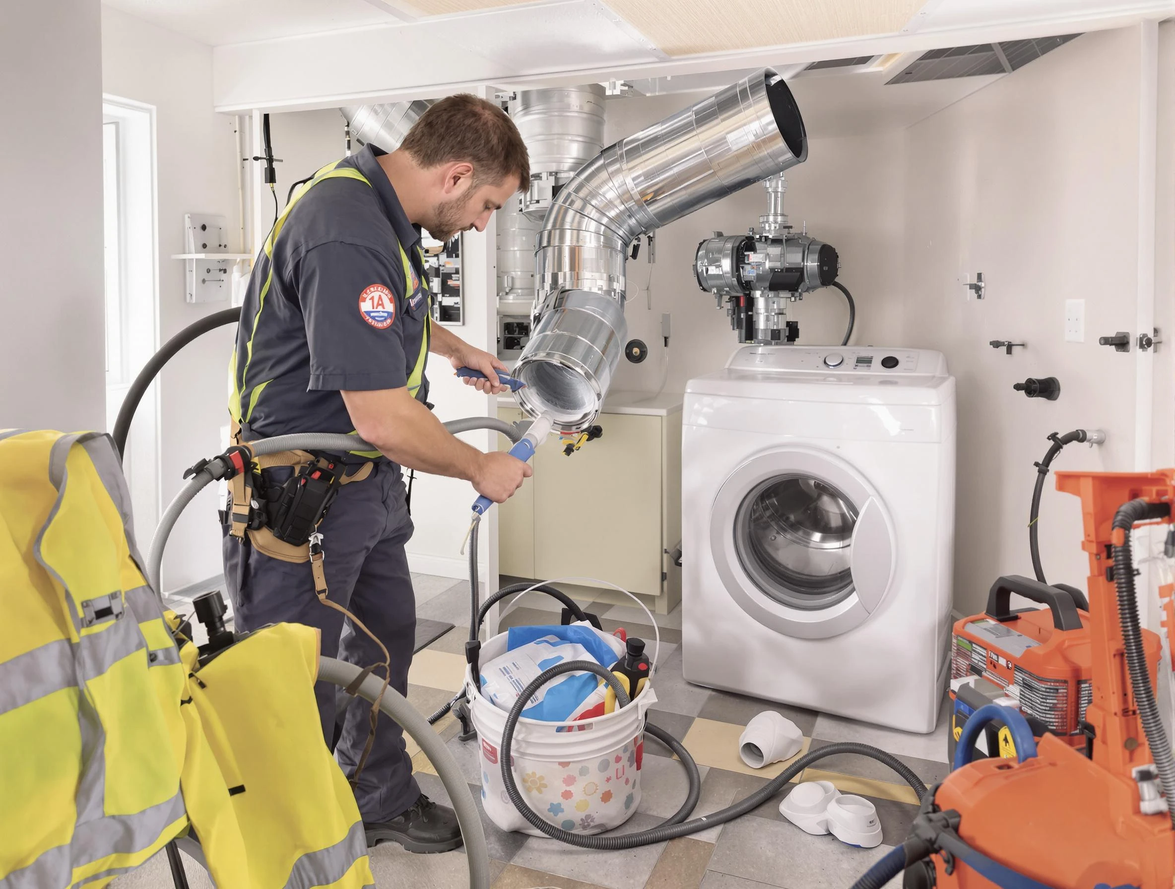 Vestavia Hills Dryer Vent Cleaning technician using specialized equipment to clear severe dryer vent blockage in Vestavia Hills