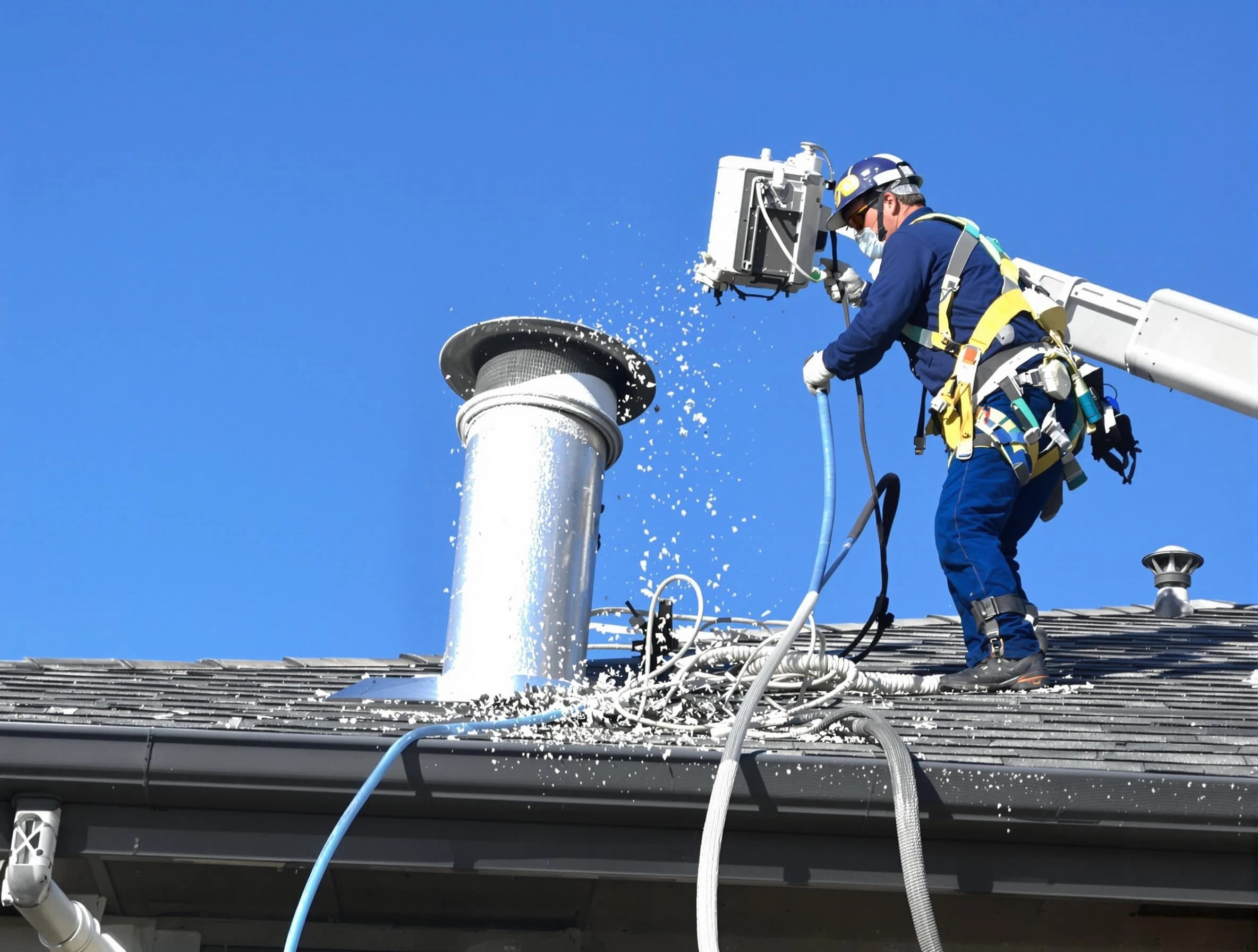 Vestavia Hills Dryer Vent Cleaning certified technician safely cleaning a roof-mounted dryer vent in Vestavia Hills