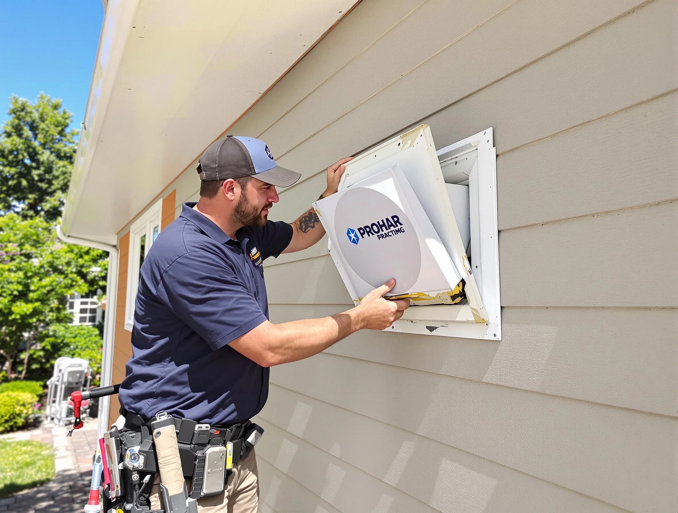 Vestavia Hills Dryer Vent Cleaning technician installing a new protective dryer vent cover on a home in Vestavia Hills