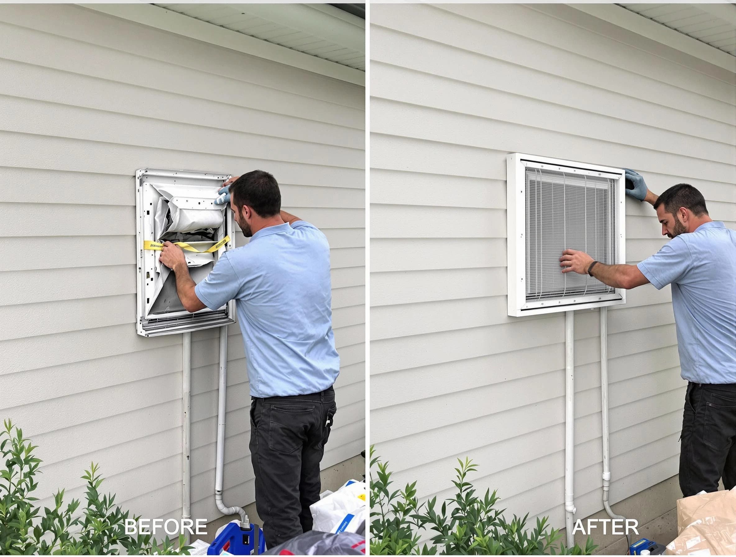 Vestavia Hills Dryer Vent Cleaning technician installing high-quality dryer vent cover at a residential property in Vestavia Hills